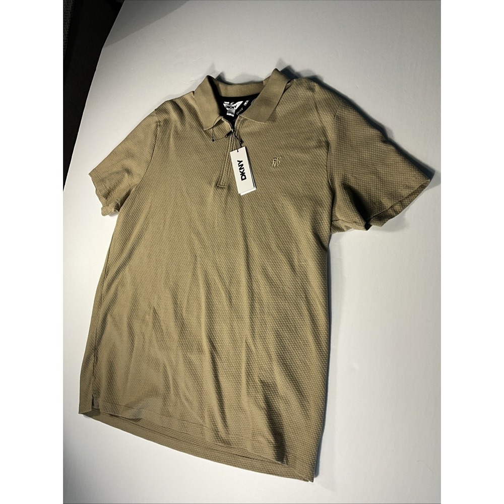 DKNY Mens Large  Tan Quarter Zip Polo Shirt Textured Stretch NWT